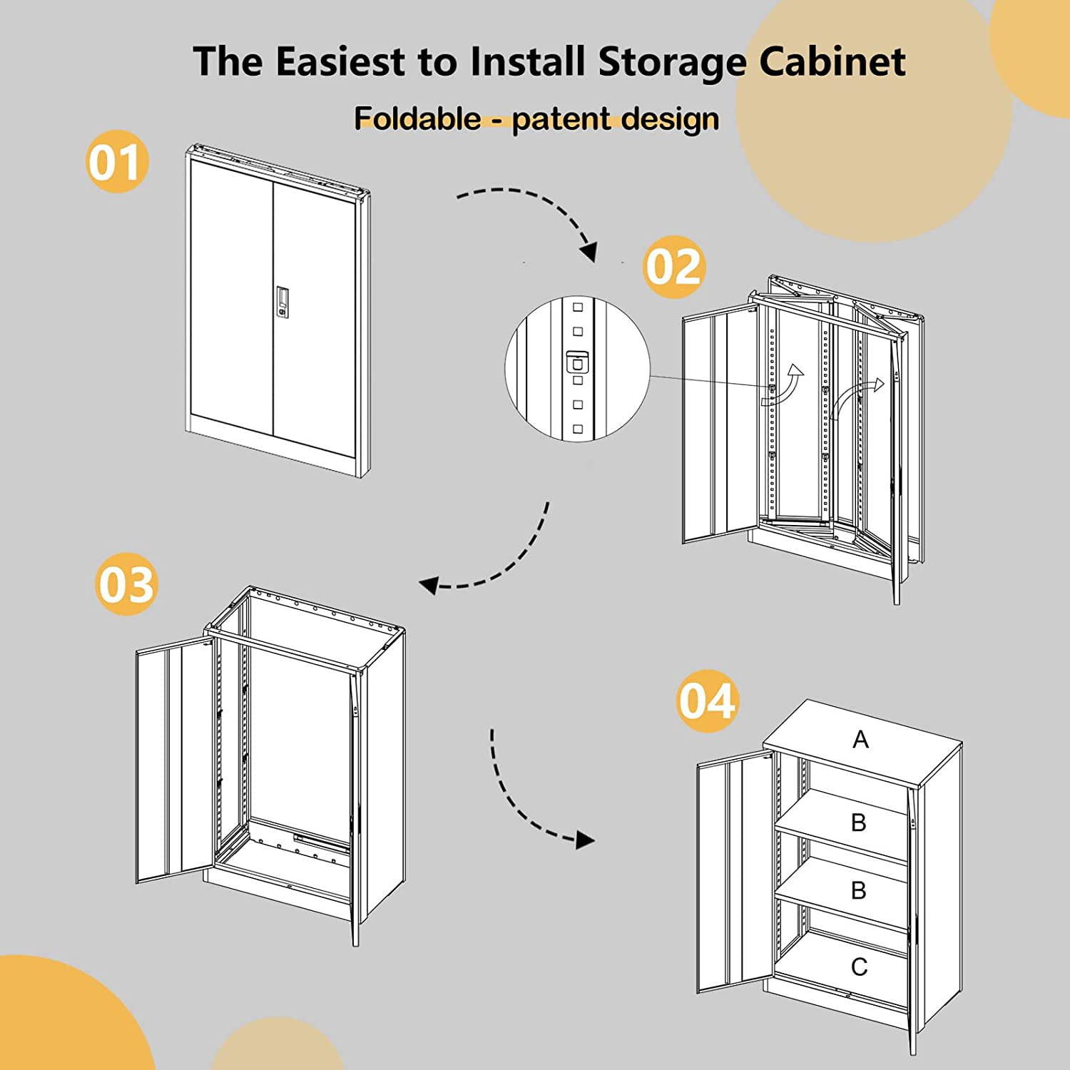 Gewnee Metal Storage Cabinet, 42 inch Folding Garage Cabinets with Adjustable Shelves and Locking Doors,Gray