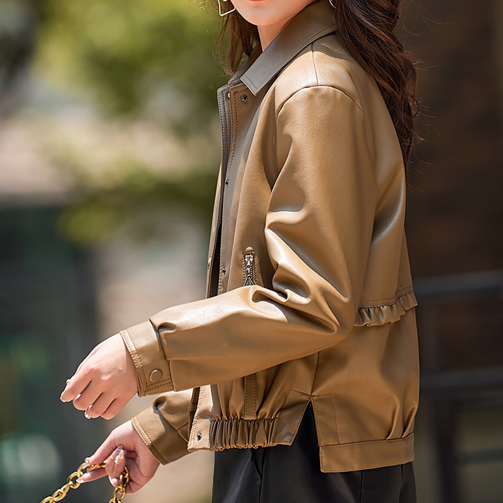 Cropped Faux Leather Jacket for Women Button Down Cool Motorcycle Short Jacket Long Sleeve Casual Crop Outwear (Large, Khaki)