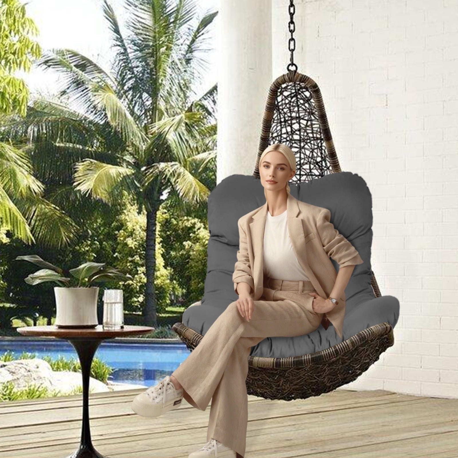 XXLYY Outdoor Egg Chair Cushion Replacement, 7.9”Thick Waterproof Hanging Chair Cushion with Ties for Patio & Porch