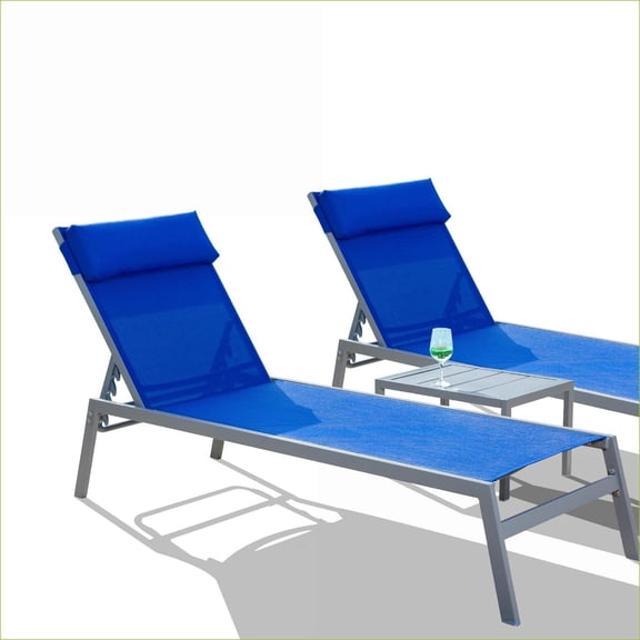 Outdoor Lounge Chairs | 3-Piece Adjustable Chaise Lounge Set for Patio Pool Balcony, with Side Table | Blue | Steel