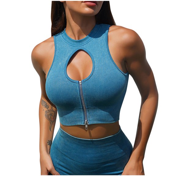 Lindreshi Sports Bras for women's Casual Fashion Bodybuilding Run Yoga Zipper Hollow Out Solid Color Round-Neck Tank Tops