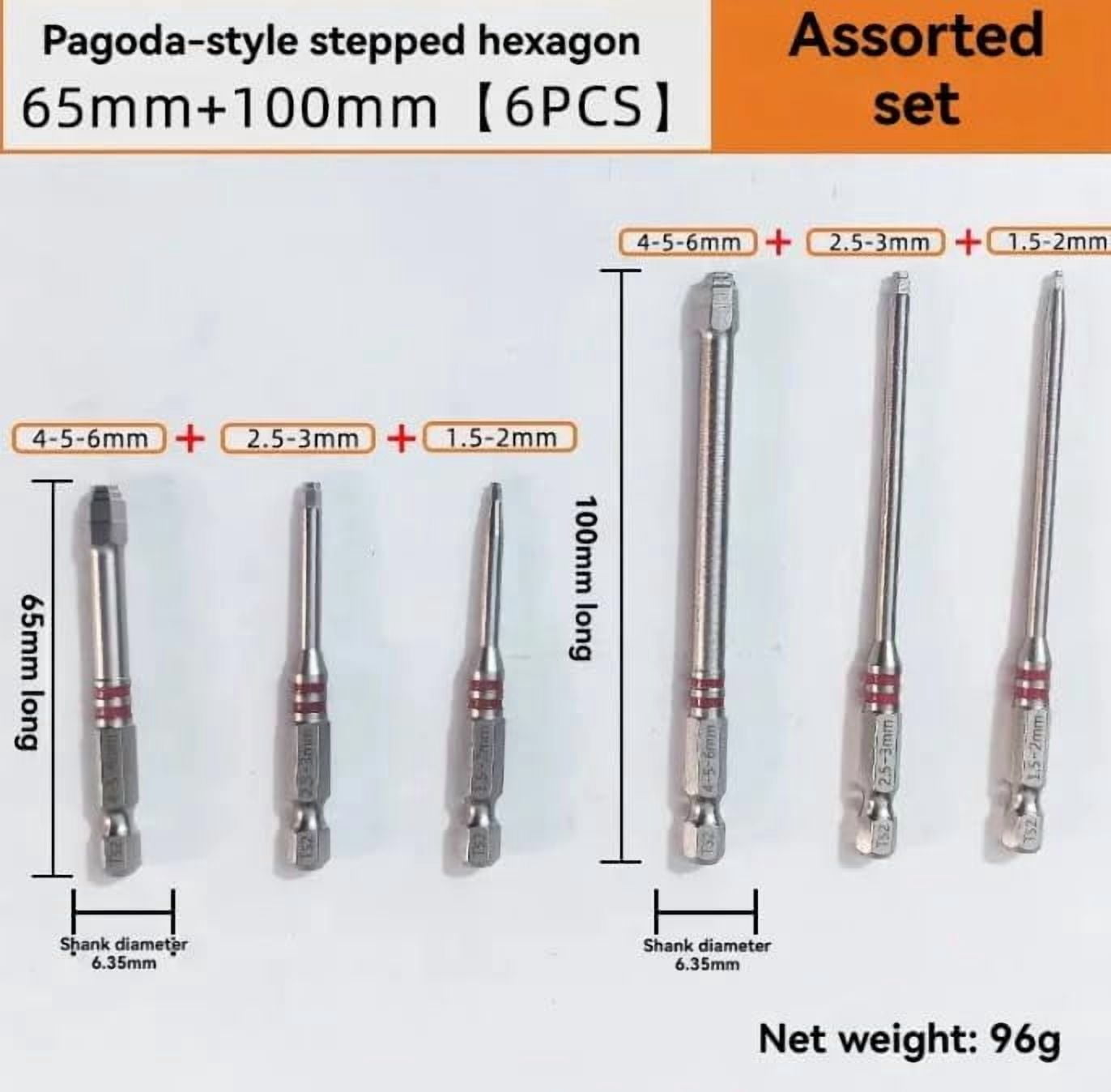 Pagoda Shaped Hexbit Set,6-Piece Hex Screwdriver Bit Set, Magnetic Hexagonal Shank for Power Drills, Woodworking, and Professional Repairs