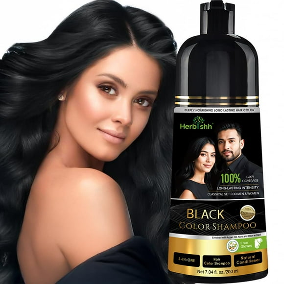Herbishh Black Shampoo, Hair Dye Shampoo 3 in 1, 100% Grey Coverage, Demi-Permanent Hair Color for Men & Women, Long-lasting Color in 5-15 Mins, Ammonia-free, 200 ml