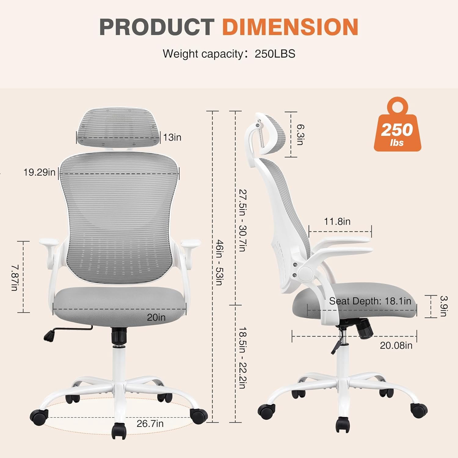 Atilioo Ergonomic Office Chair with Adjustable Headrest and Flip-Up Arms, Rolling Desk Chair for Adults with Lumbar Support, Gray