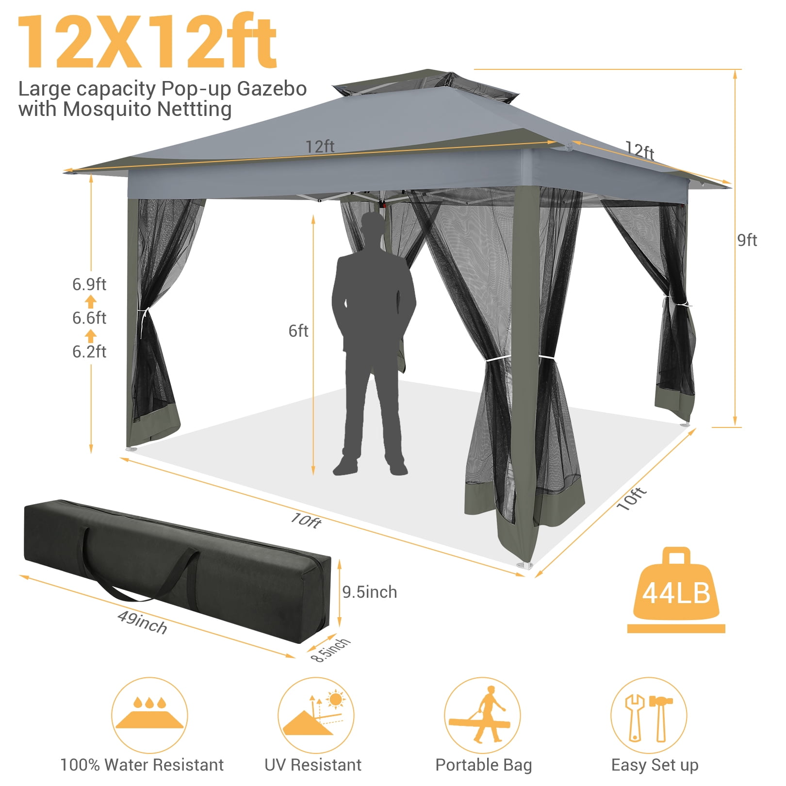 HOTEEL 12' x 12' Outdoor Pop-Up Gazebo Canopy with Mosquito Netting, 2-Tiered Vented Top, 3 Adjustable Heights for Backyard, Garden, Lawn, Gray