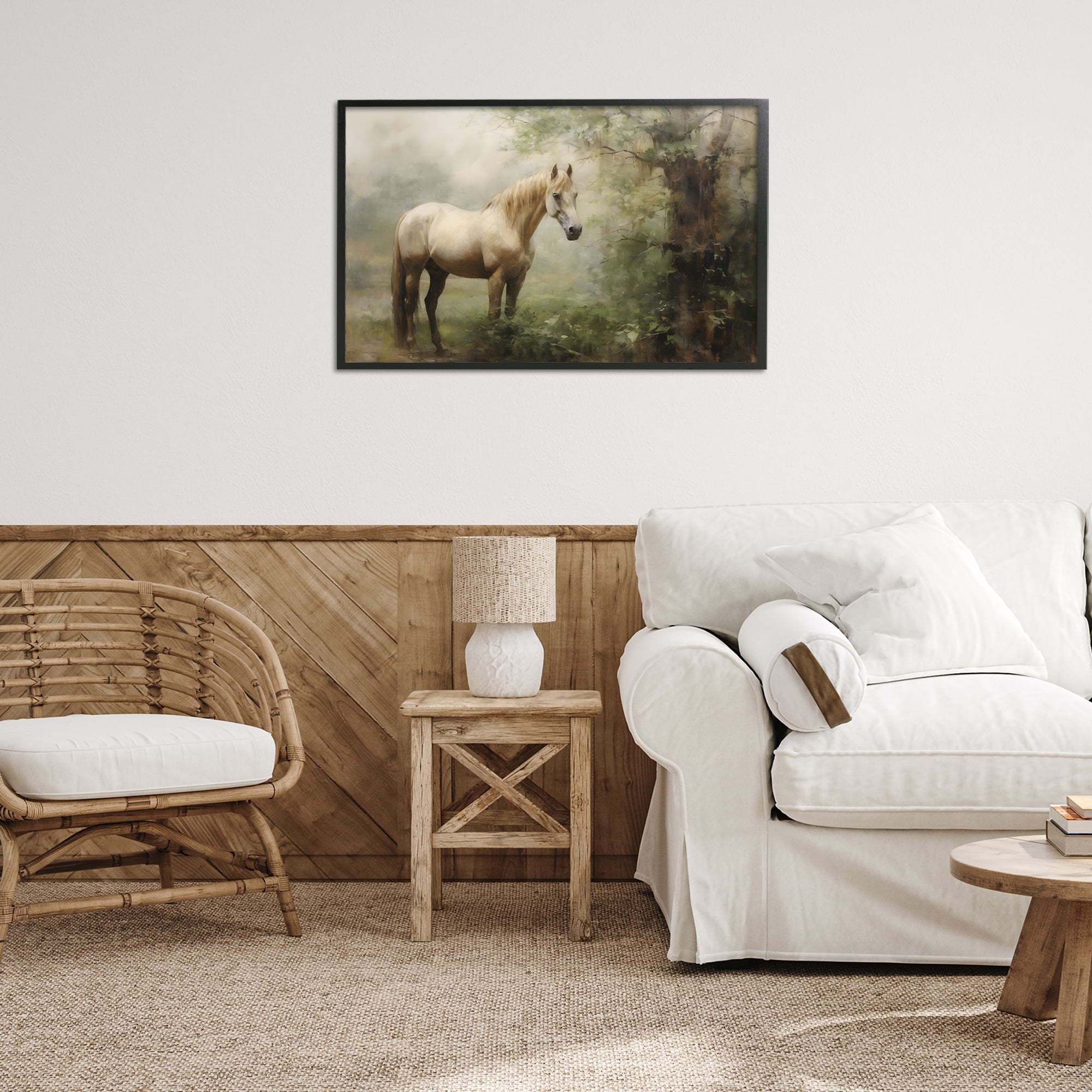 Stupell Industries Horse in Forest Woods Landscape Painting Black Framed Art Print Wall Art, 30 x 20