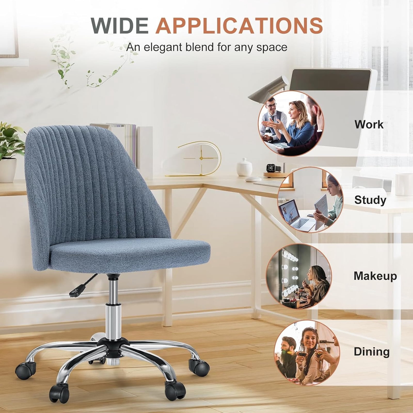 Casabay Armless Office Chair, Extra Cushion Padded Compact Upholstered Desk Chair with Back Support, Rolling Swivel Vanity Chair for Home Office, Blue