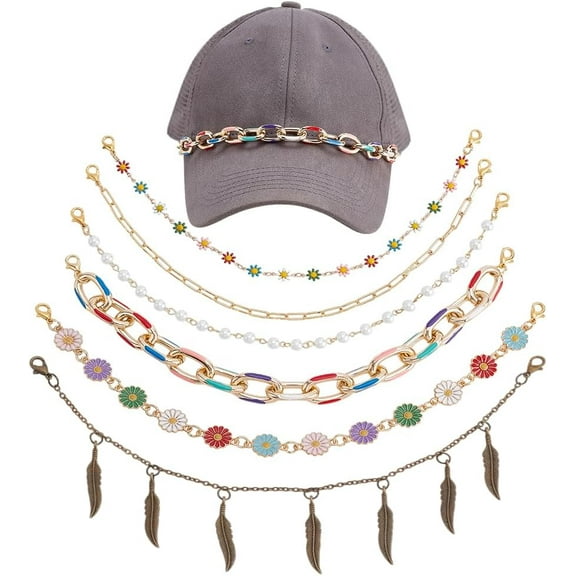 PH 6pcs Trucker Hat Chains Flower Pearl Feather Hat Chain Golden Detachable Hat Chains Mesh Baseball Cap Hat Chain with Charm Metal Brass Chain for Women Men Hat Accessories Decoration Colorful