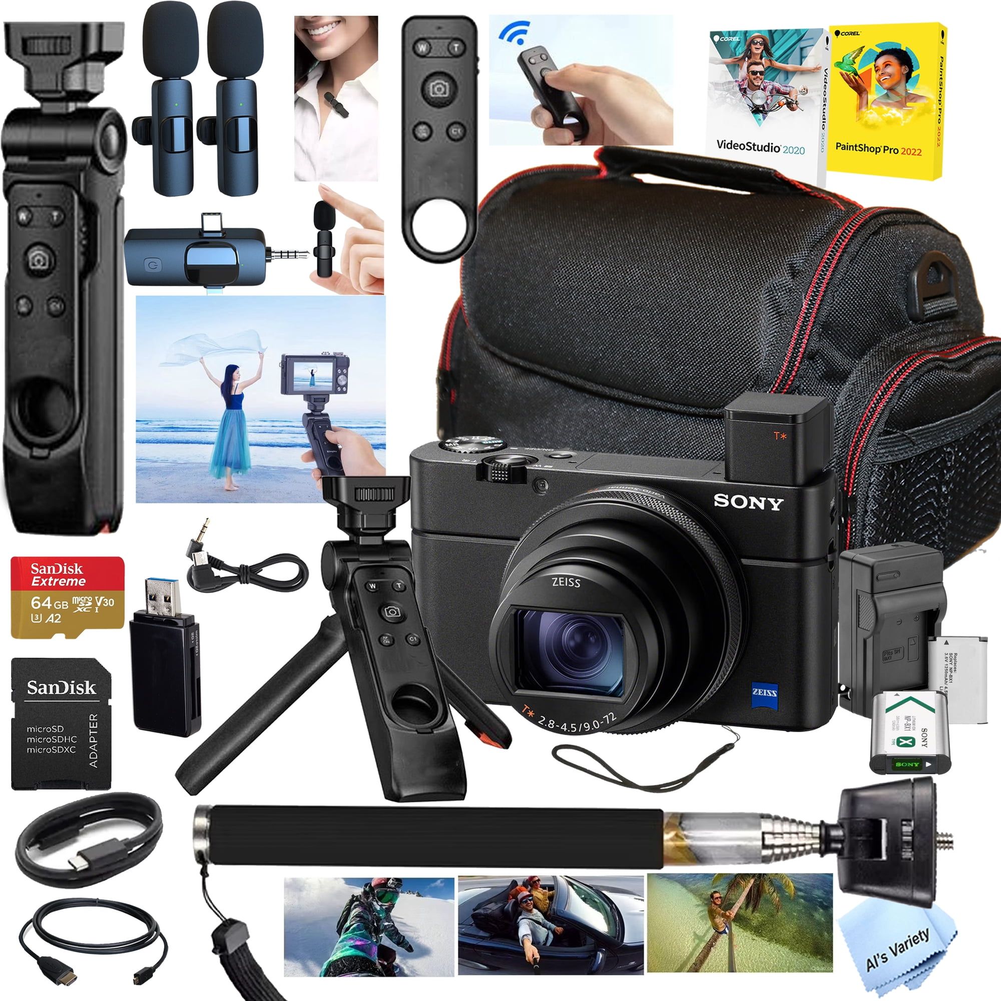 Sony CyberShot RX100 VII + 64GB Extreme Memory, Wireless Lavalier Microphones, Shooting Grip Tripod w/ Remote Shutter, Selfie Stick, Case, Grip, Software, and More (Pro Video)- International Version