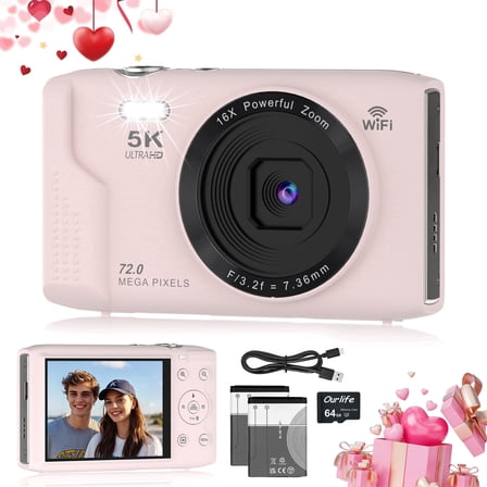 Ourlife 5K Digital Camera for Vlogging, 72MP with Autofocus 16X Digital Zoom, Travel Compact Camera with Flash, 64GB Card & 2 Batteries, Pink