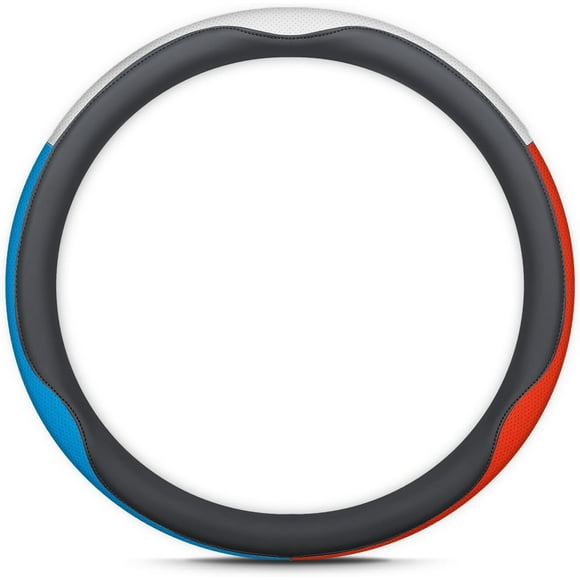 TRAHOO-Car Steering Wheel Cover - Three-Color Patchwork Design, Leather, 14.5-15 Inch - Perfect for Long Drives, Daily Commutes, Sedan, SUV, and Truck Drivers (O Shape-Blue-White-Red)