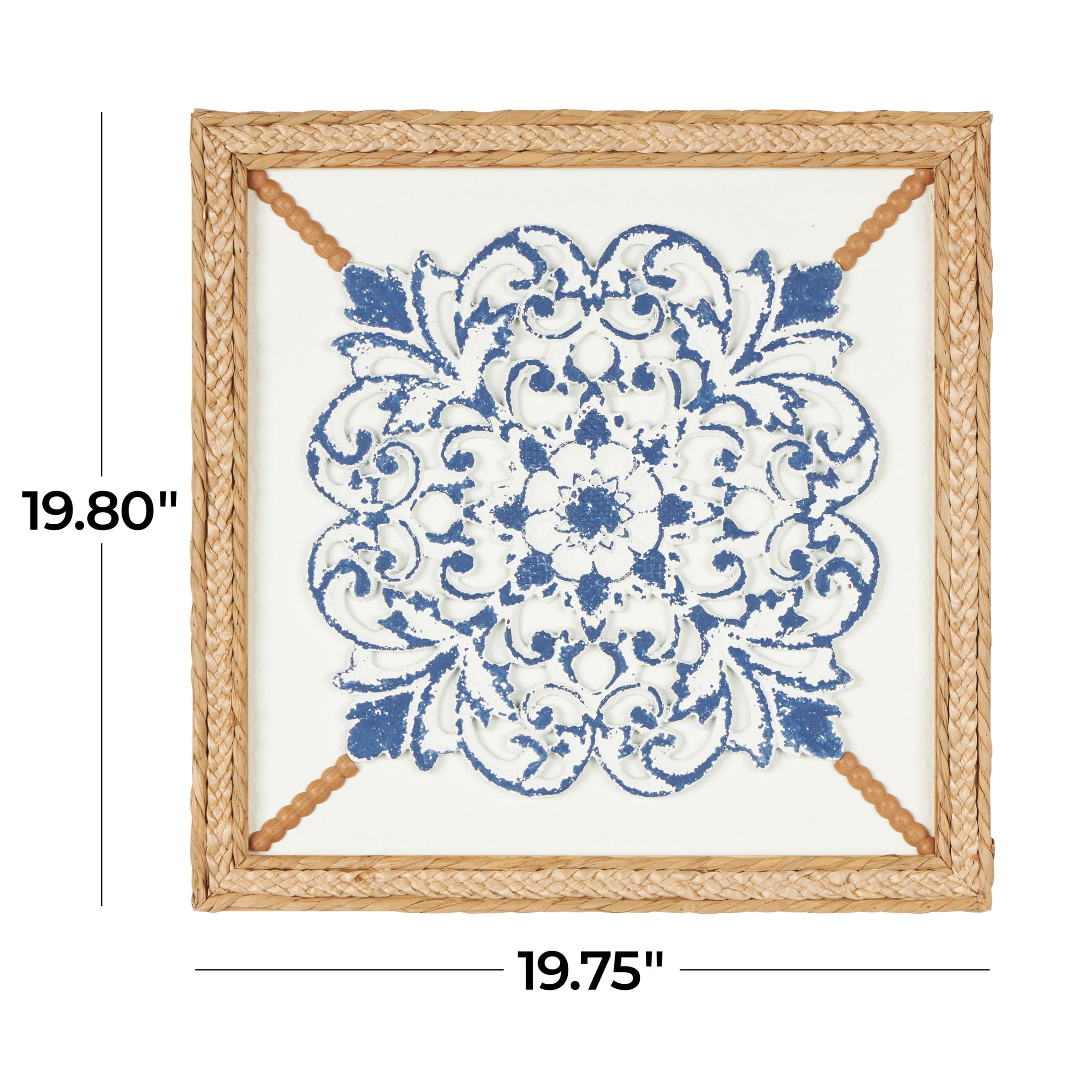 DecMode Blue Wood Relief Floral Wall Decor with Brown Woven Seagrass Frame and White Backing