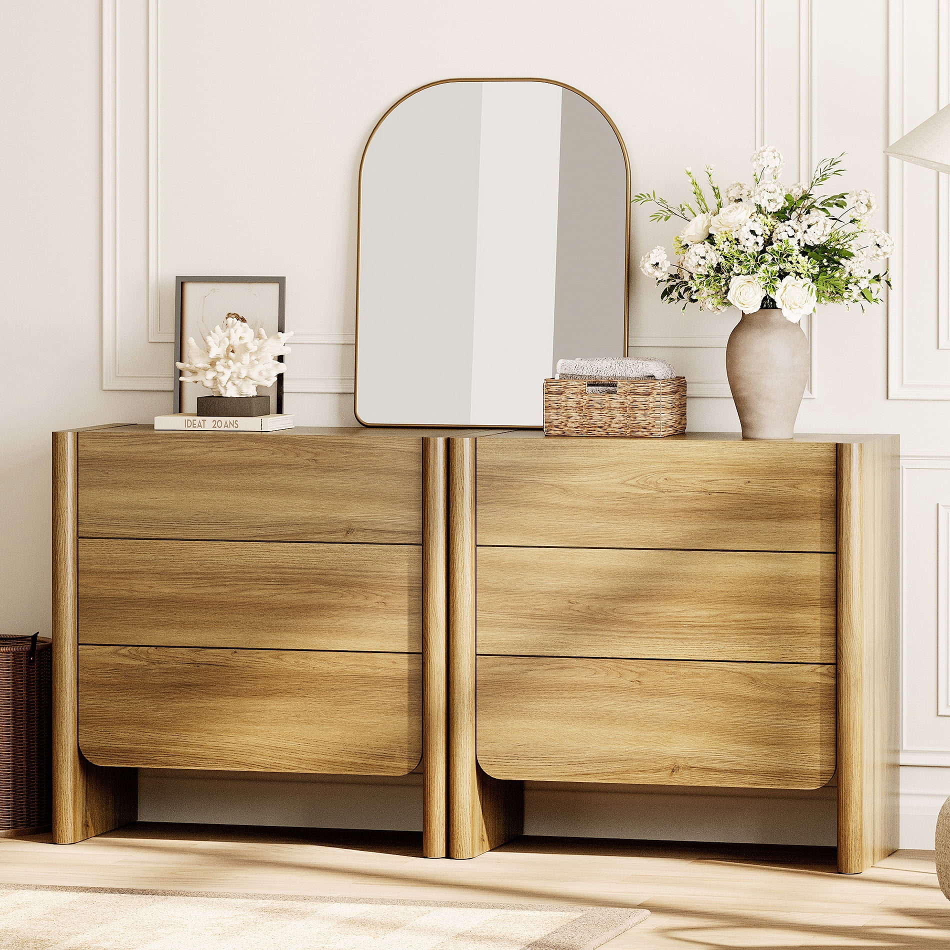 Modern French TV Stand, 63-Inch 2-Piece Media Console with 6 Push-to-Open Drawers, Supports TVs up to 70 Inches, Walnut