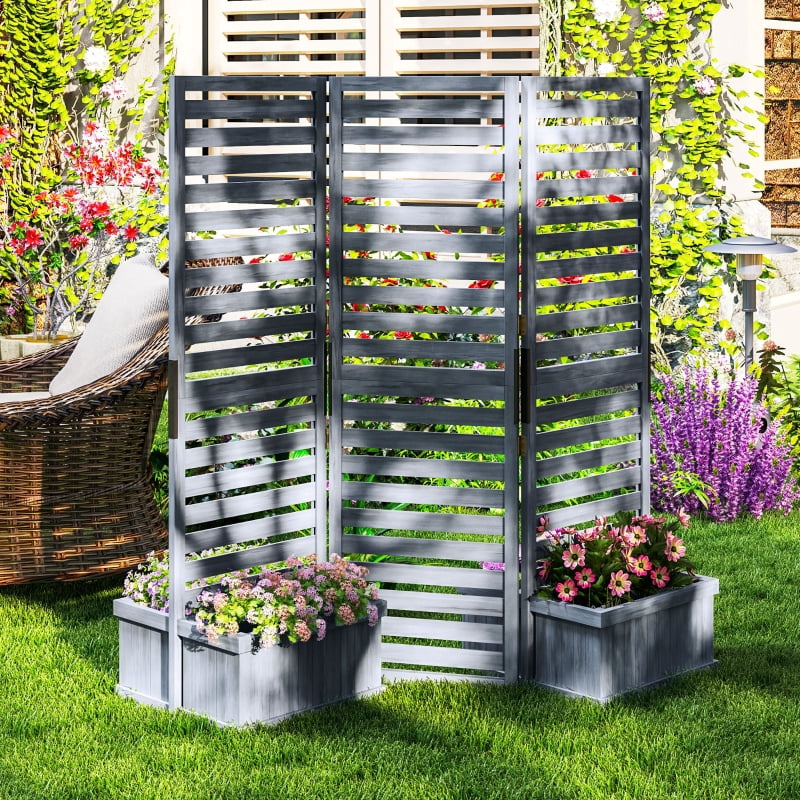 Alvantor Privacy Screen with 4 Planter Boxes, 3-Panel Freestanding Raised Room Divider 62.5"x19"x66" Wood