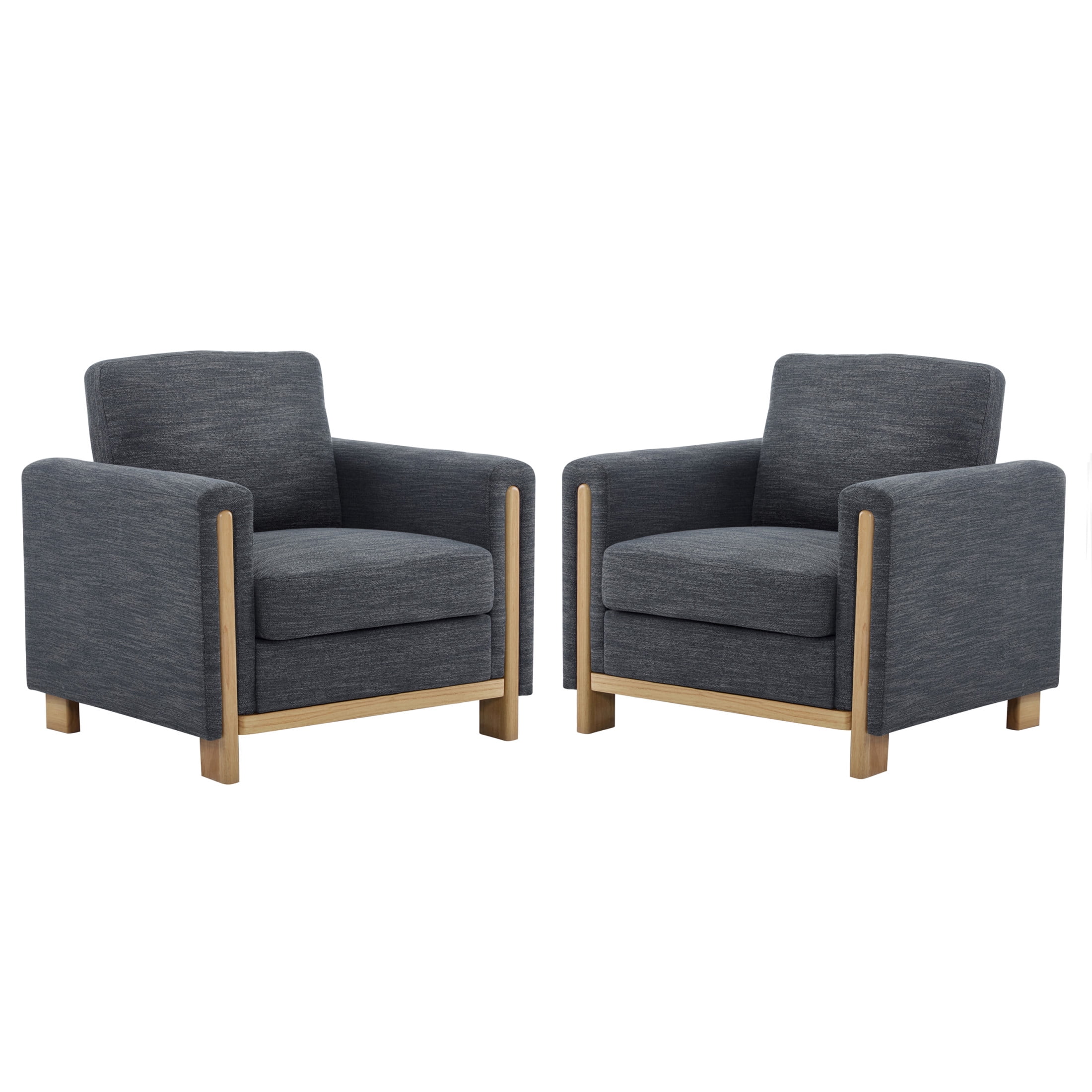 Ernest Mid-Century Modern Fabric Accent Armchair, Upholstered Club Chair with Solid Wood Frame, Charcoal+Natural, Set of 2