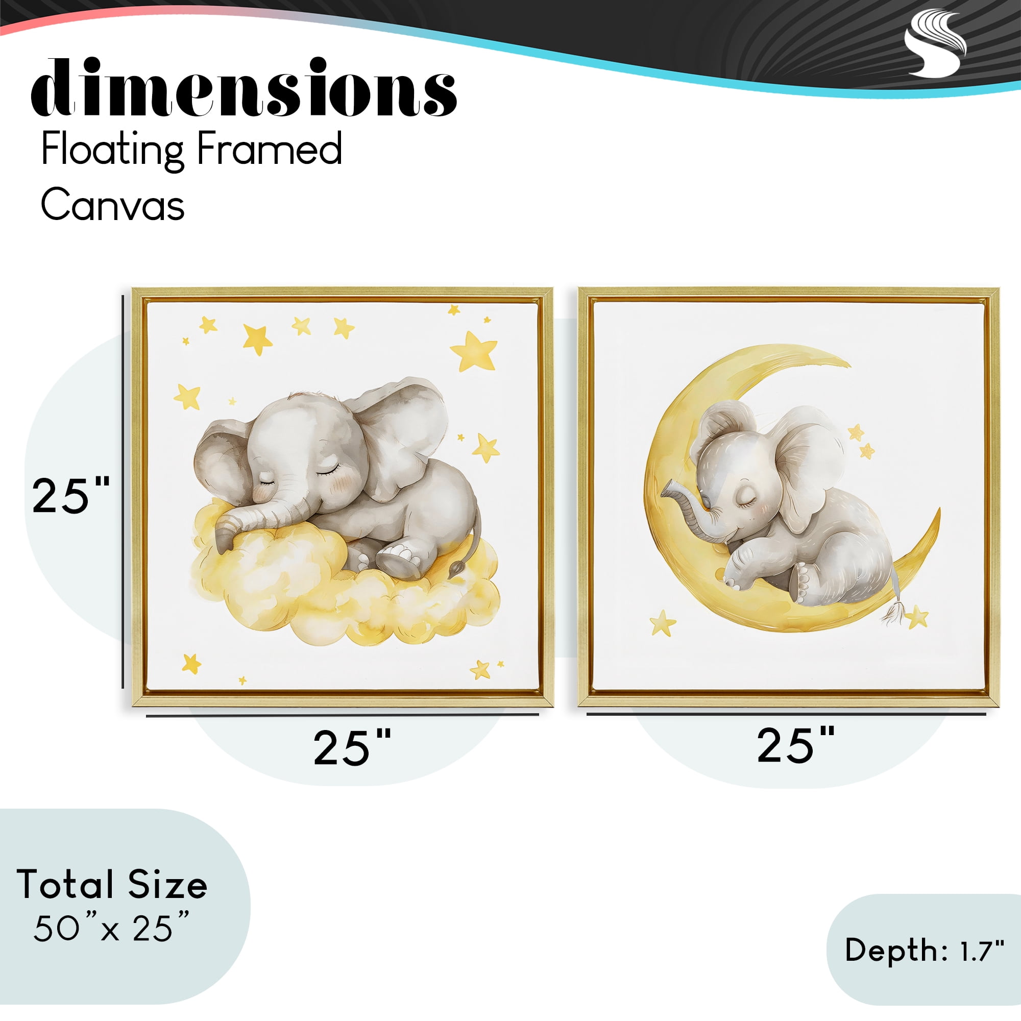 Stupell Industries Sleeping Elephant Moon and Clouds 2 Piece Gold Framed Floater Canvas Set, design by LSR Design Studio