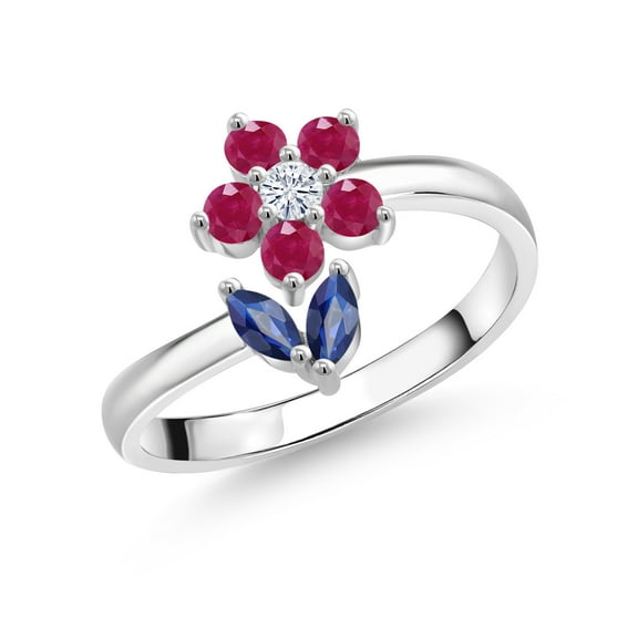 Gem Stone King 0.56 Cttw Blue Sapphire Red Ruby and White Moissanite Flower Open Ring for Women | 925 Sterling Silver | Gemstone Birthstone | Wedding Engagement Anniversary Promise Ring for Women