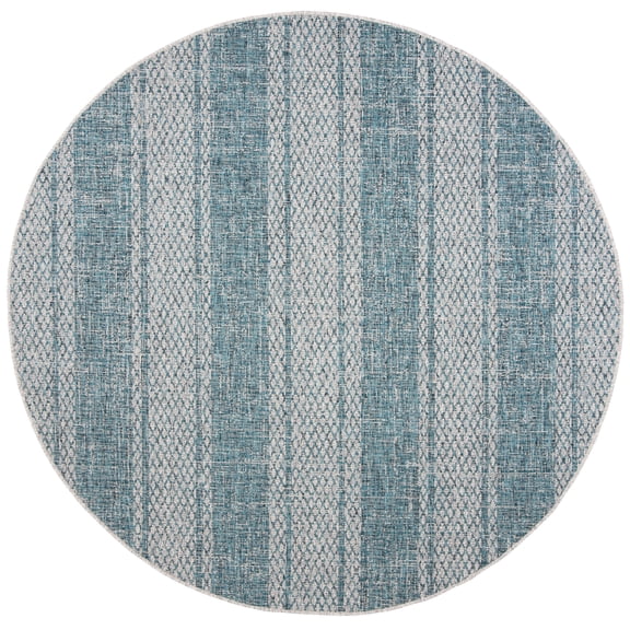 SAFAVIEH Courtyard Robert Striped Indoor/Outdoor Area Rug, Light Grey/Teal, 5'3" x 5'3" Round
