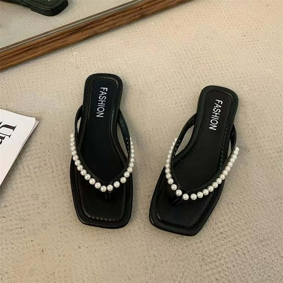 Kayannuo Shoes for Women Summer Womens Fashion Womens Summer Fashion Casual Slippers Pearl Decoration Flip Flops Flat Bottom Sandals