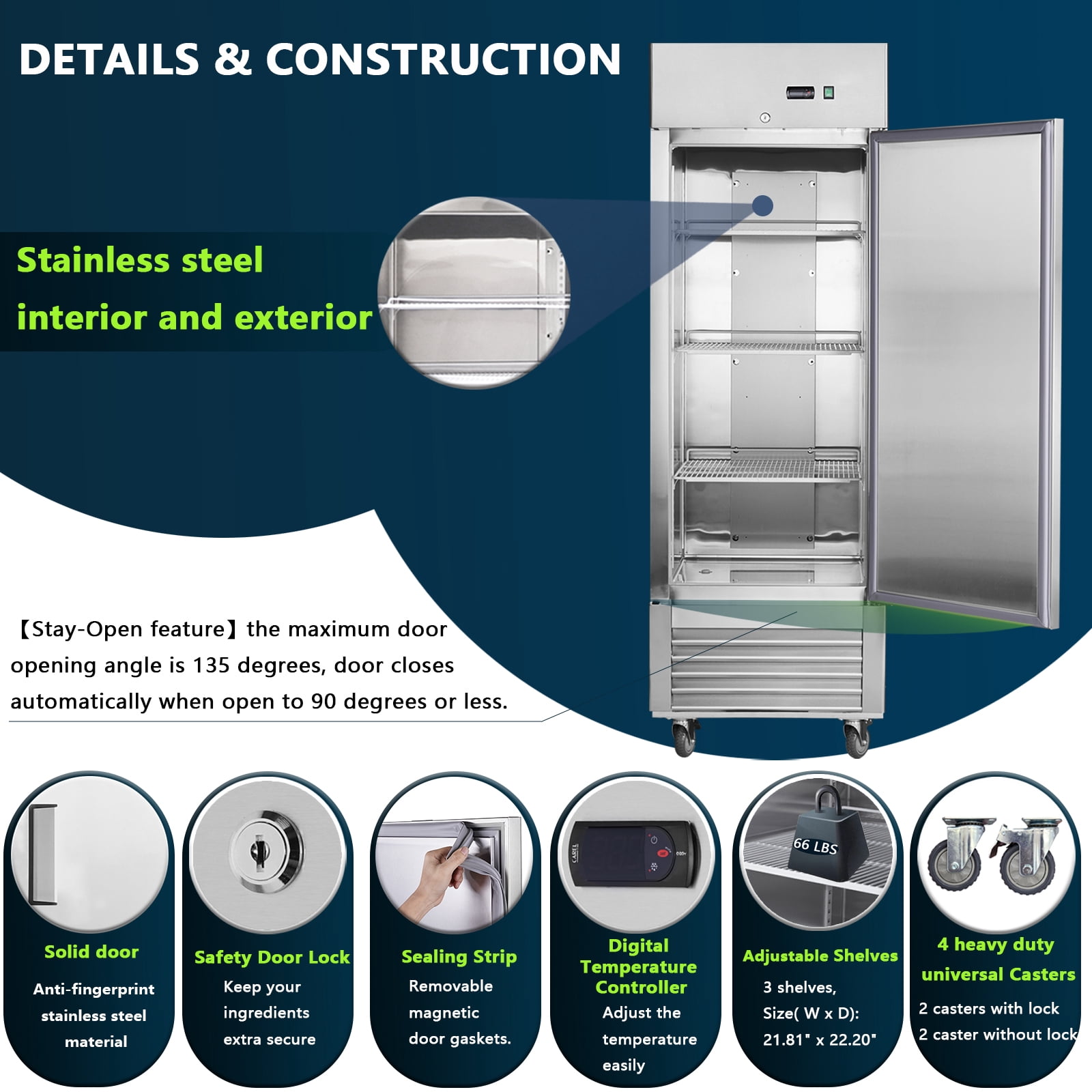 27" Commercial Refrigerator, 18.68 Cu.ft Single Solid Door Reach-in Refrigerator, Stainless Steel Interior & Exterior, Fan Cooling Upright Fridge with Embraco Compressor, ETL & DOE Certified