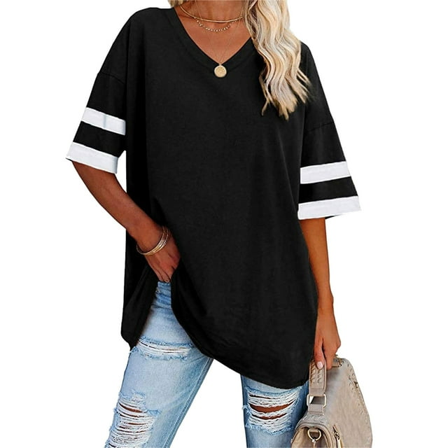 Top con franjas de diferente Color con cuello en V para mujer, camiseta de media manga para mujer, camisetas holgadas para mujer, camisa de media manga a rayas, diseñada a medida