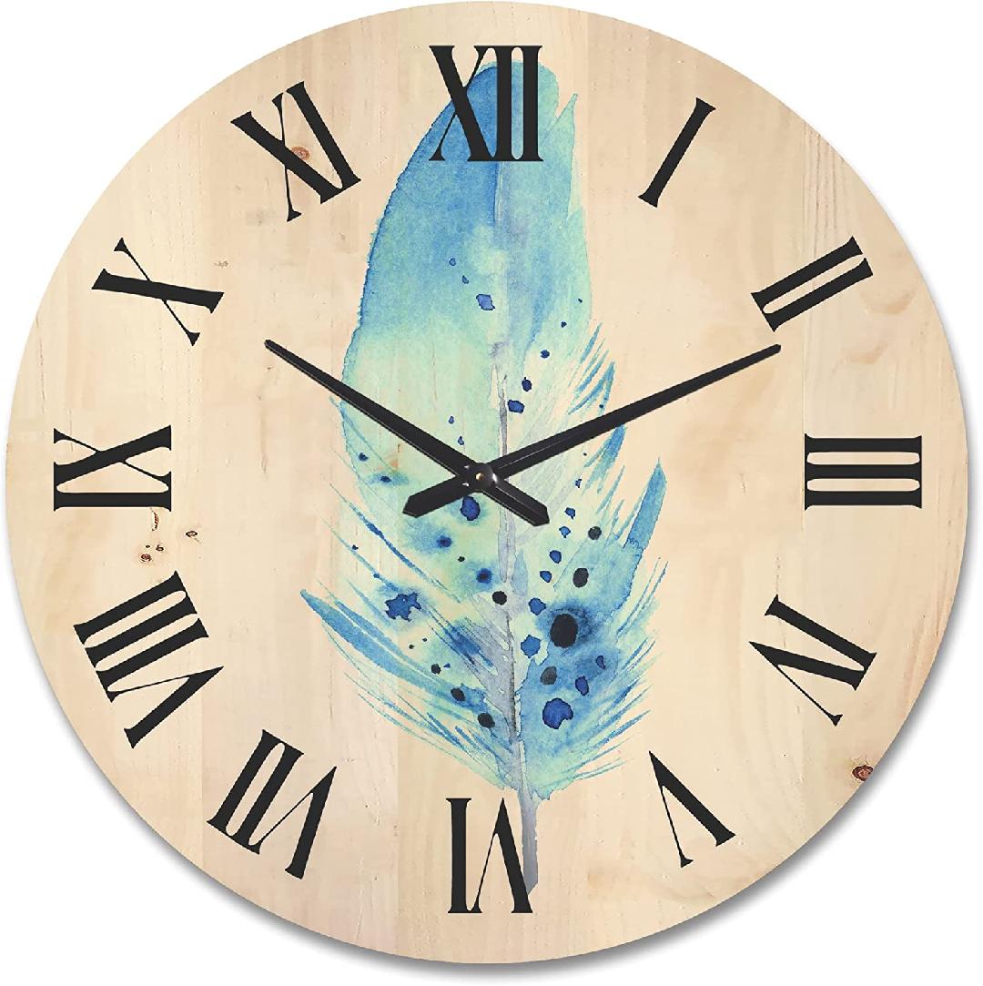 'Abstract Blue Boho Feathers' Bohemian & Eclectic Wood Wall Clock Large