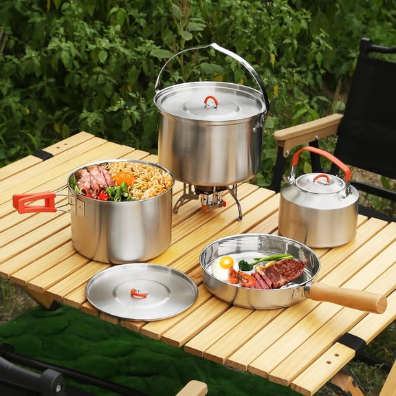 Camping Cookware Set,Camping Cooking Set,304 Stainless Steel Camping Pots and Pans Set, Camping Gear with Kettle for Hiking Outdoor Cooking Picnics