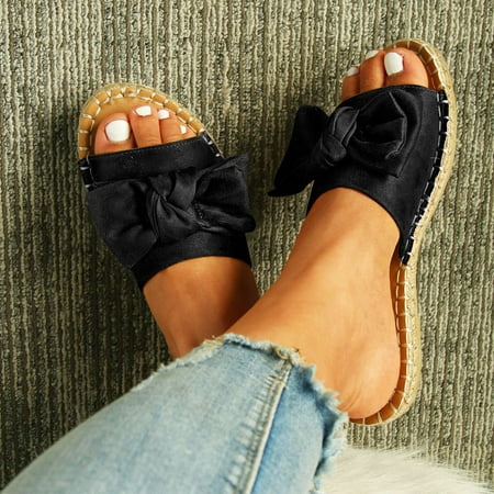 

Women Shoes Slippers For Women Peep Toe Linen Sole Flat Sandals Bow Rome Shoes Black 8