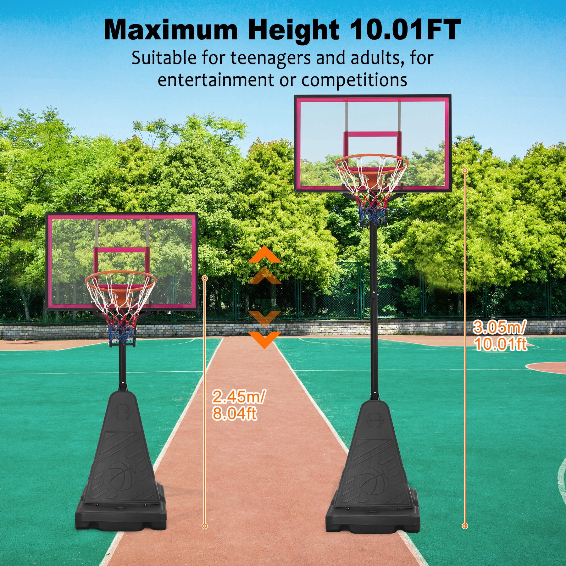 Outdoor Basketball Hoops Portable Basketball Hoop for Youth Adults & Professional Match,Adjustable Height 8.04 ft to 10.01 ft,44 inch Backboard with Rebound System, Indoor/Outdoor Basketball Goal wit