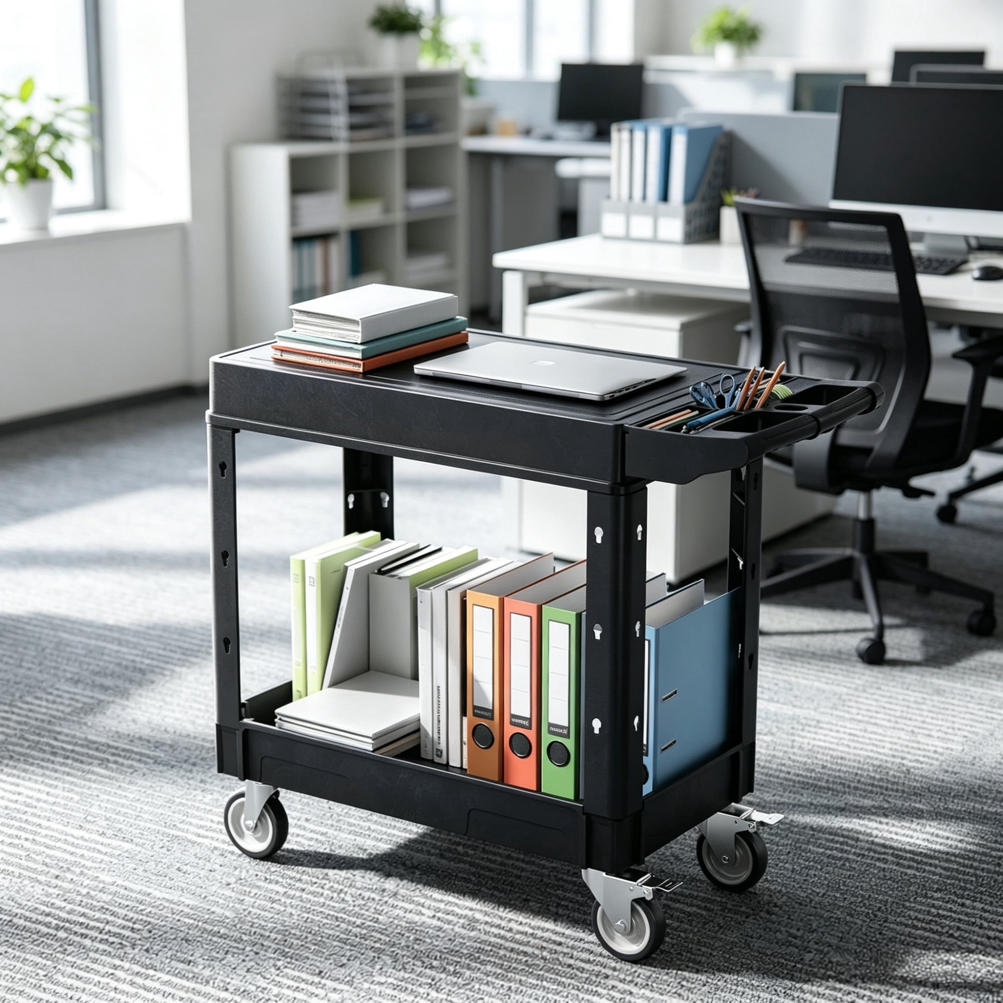 550lbs Utility Cart, 2-Shelf Heavy Duty Plastic Service Cart with 360° Swivel Wheels (2 with Brakes), Suitable for Warehouse, Garage & Cleaning, 31.3 x 17.7 Inch