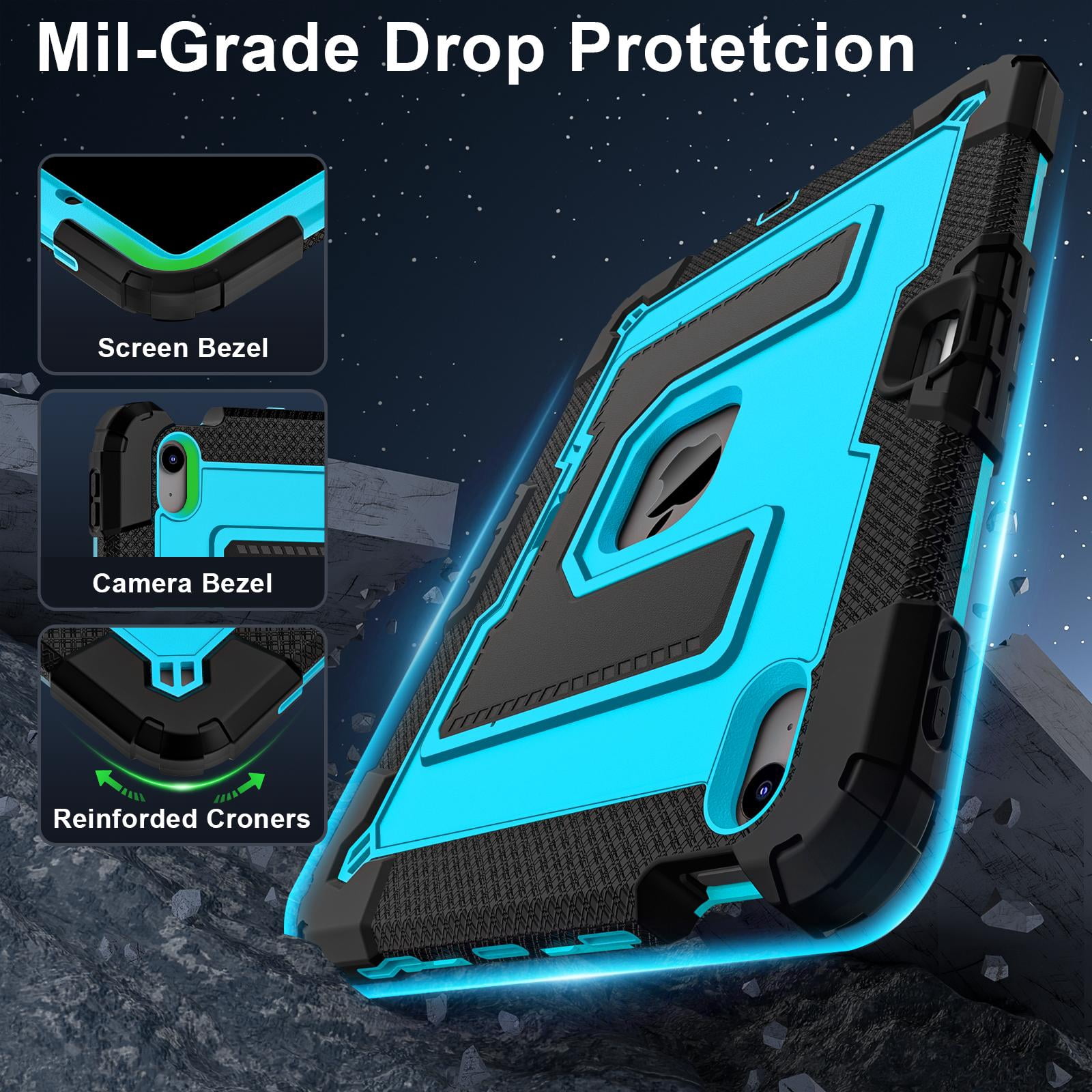 ELEHOLD 3-Layer Rugged Case For Apple iPad Air 11‑inch (M4) 2026, Heavy Duty Shockproof Logo Visible Foldable Kickstand Drop Protection Cover with Pencil Holder + Shoulder Strap, Black+Blue