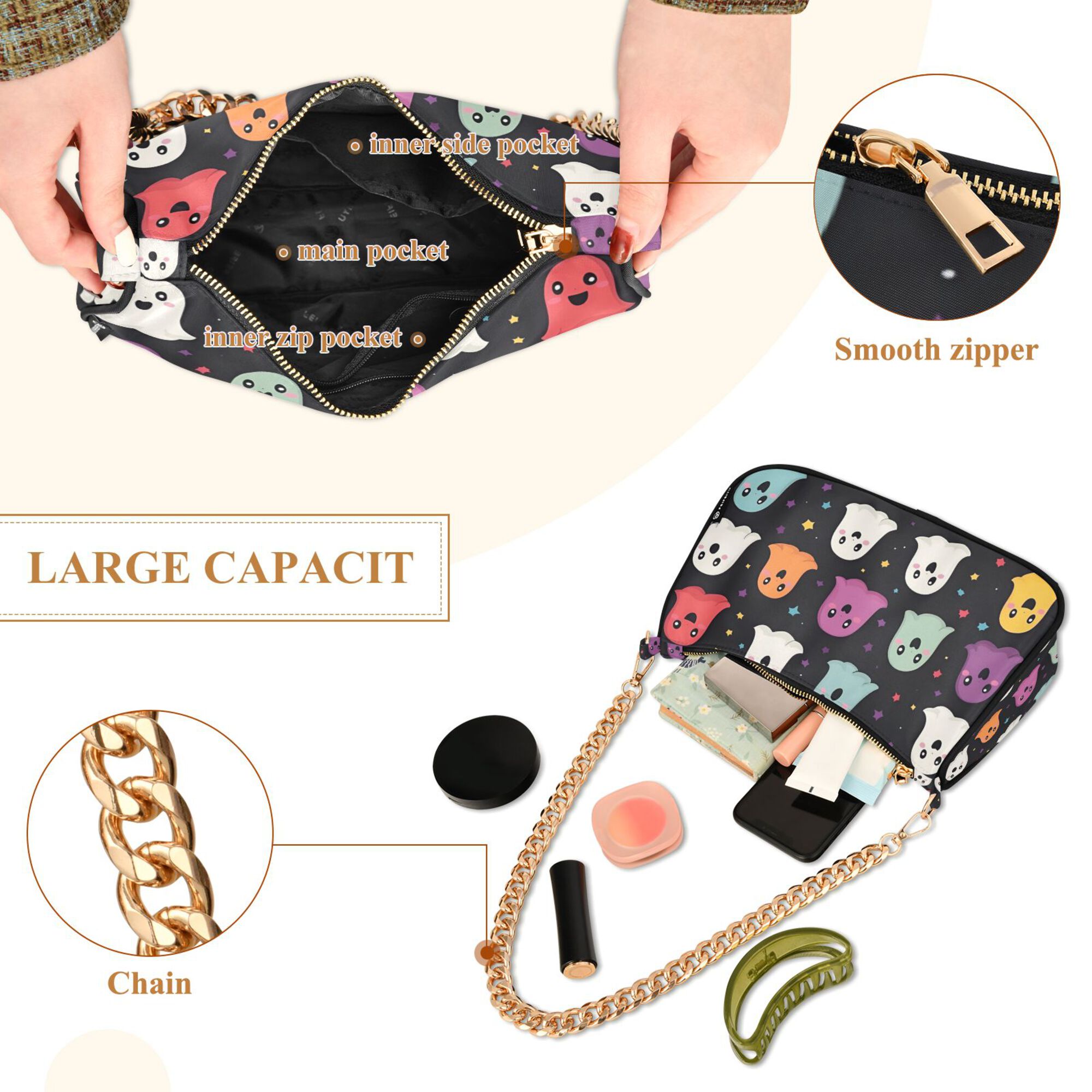 FORMRS Womens Shoulder Bag with Chain Strap Clutch Purse Cute Tote Handbag, Colorful Halloween Ghost