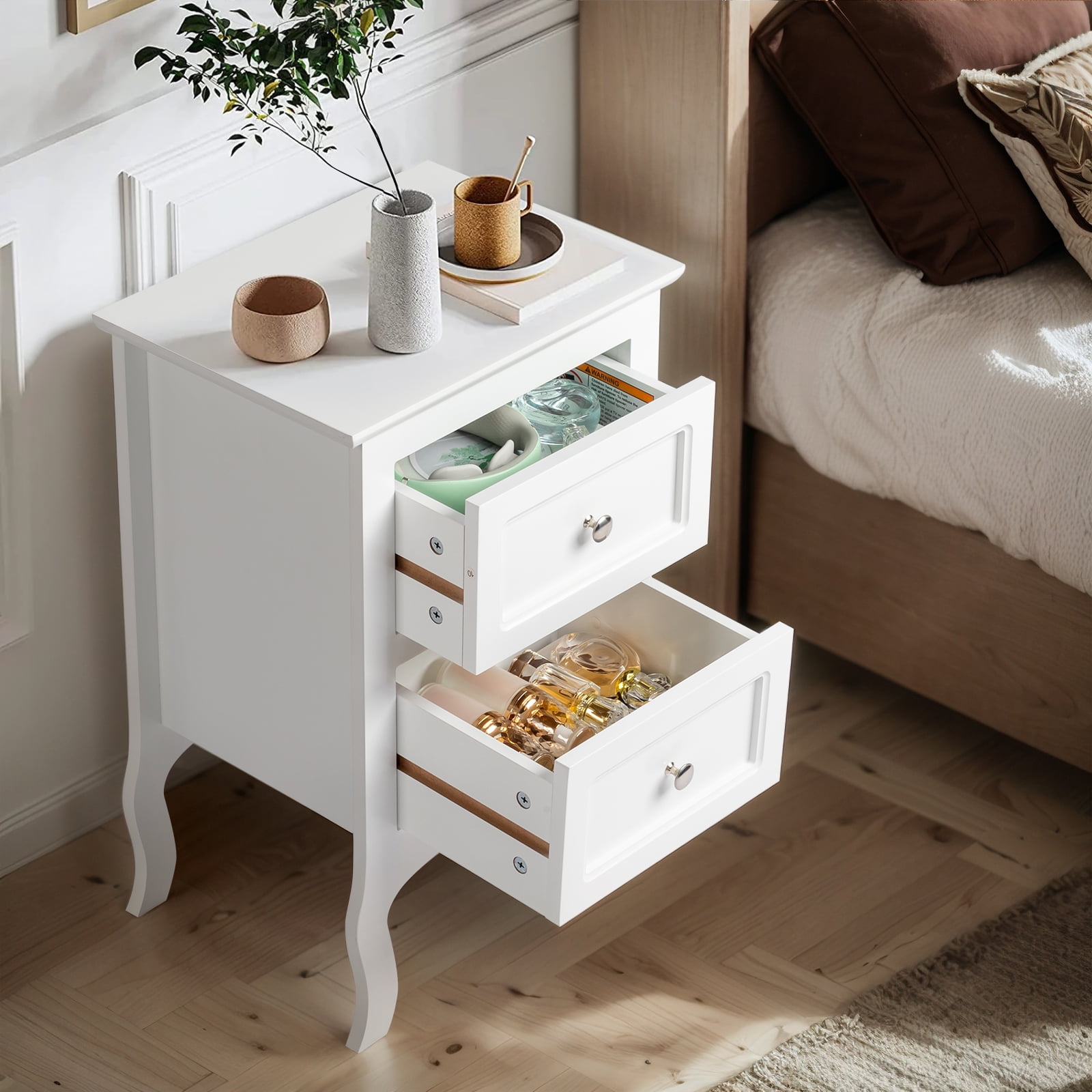 Ktaxon 2pc Nightstand End Table with 2 Drawer Bedside Table,Wood Accent Table, White
