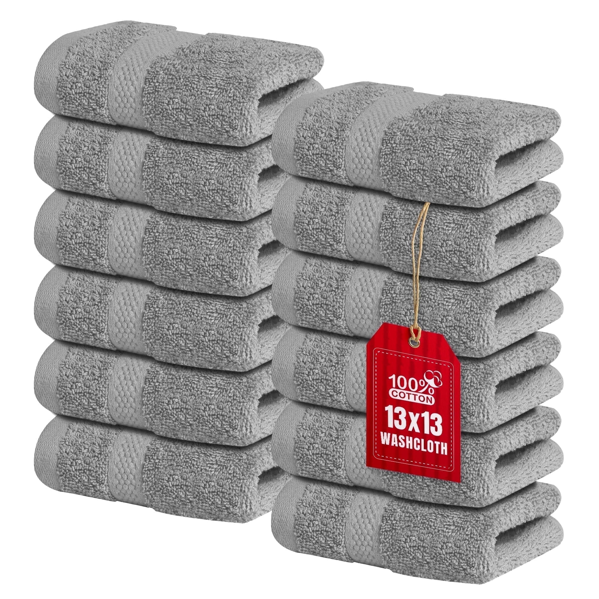 Infinitee Xclusives 12 Pack Premium Light Gray Soft Wash Cloths and Face Towels, 13x13 100% Cotton