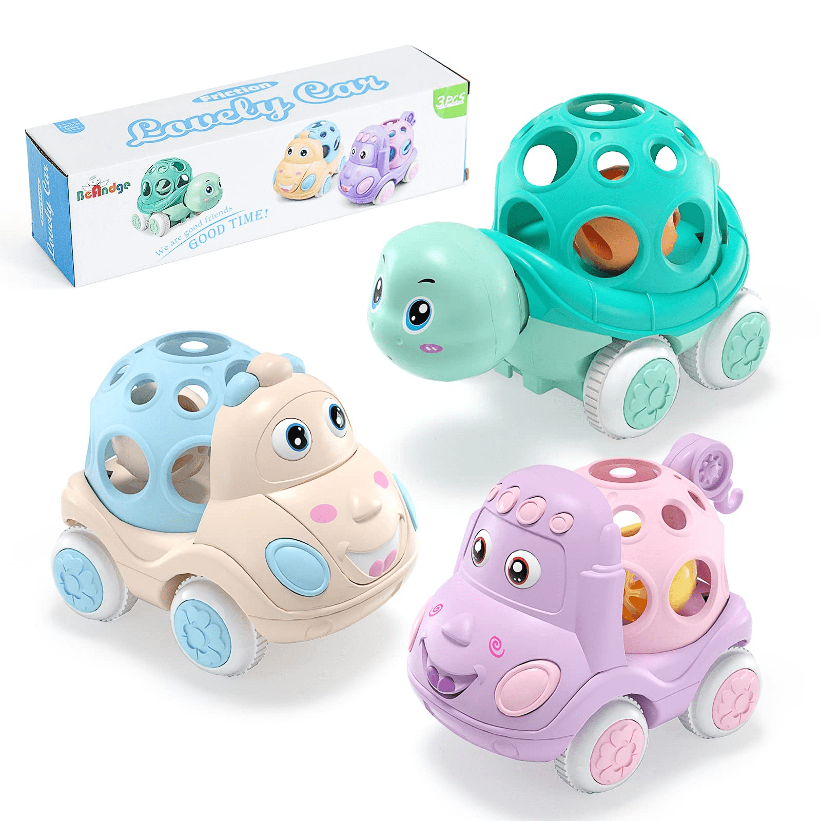 Rattle Roll Push Soft Sound Toys Pull Back Vehicle 6 12 18 Months Infant Baby Car Toy for 1 2 Year Old Girls Boys Toddler Development Gift 3pcs Cartoon Truck with Bells 