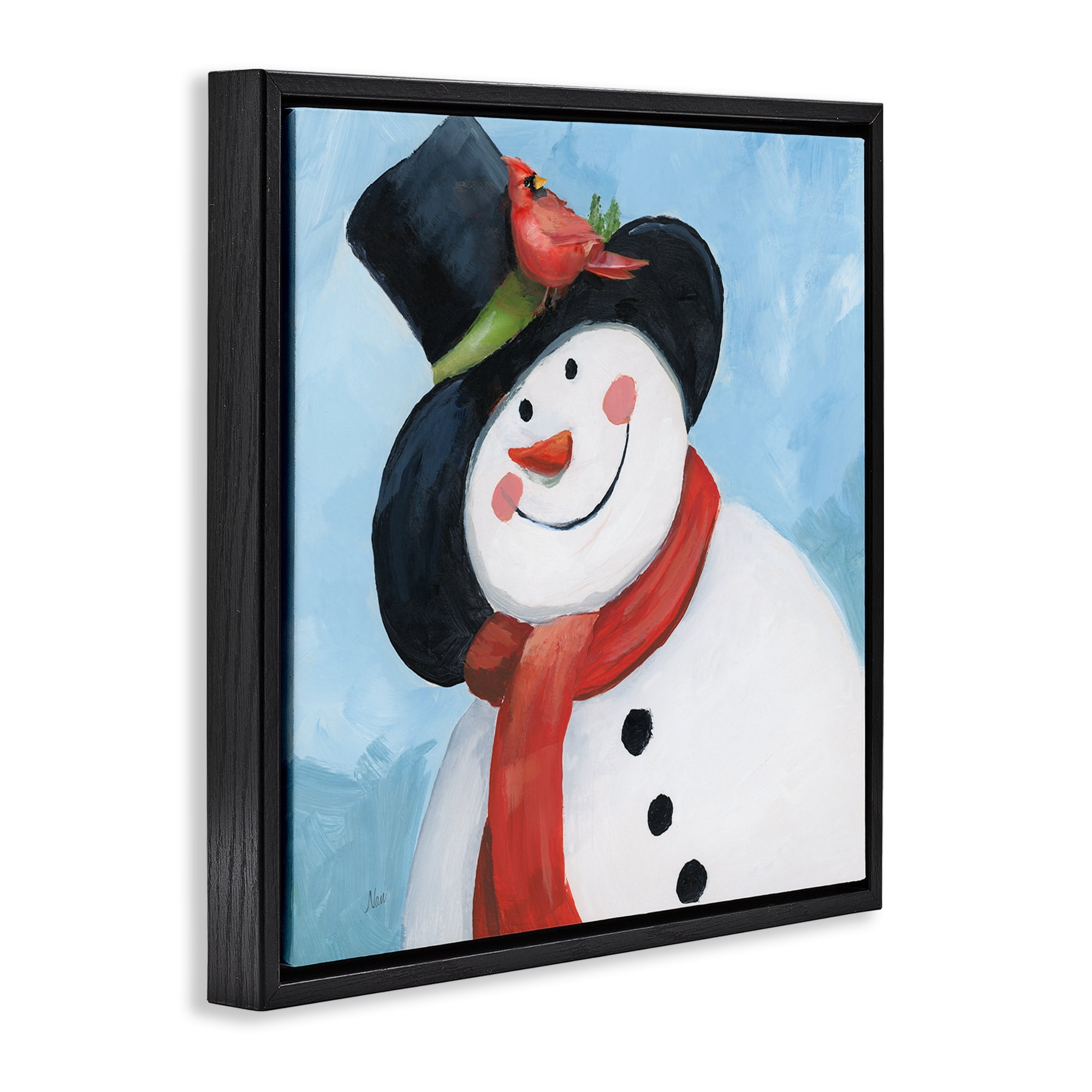 Stupell Industries Cheerful Snowman with Cardinal Black Framed Floater Canvas Wall Art, design by Nan