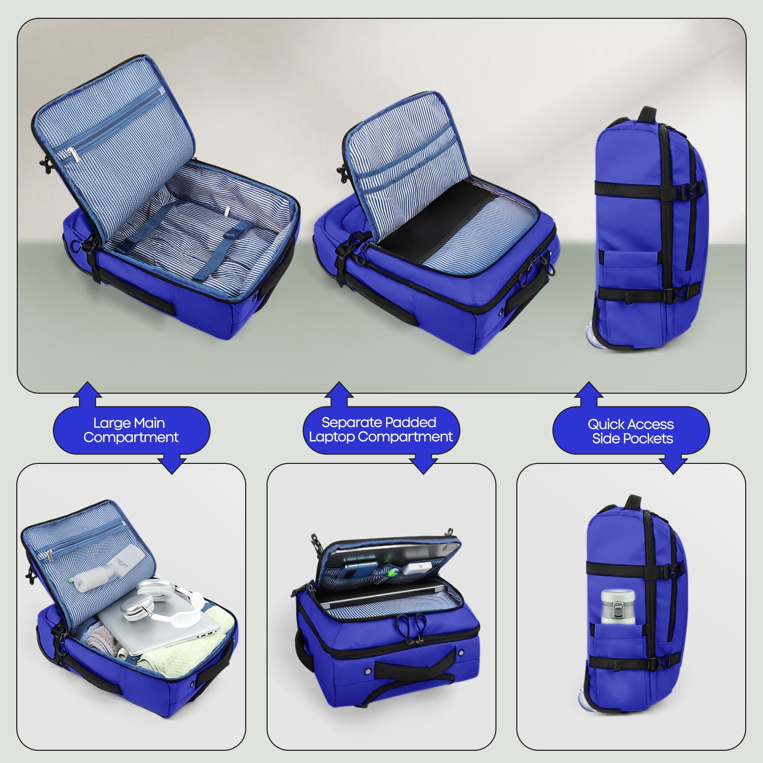 17" Underseat Carry On Luggage Airplane Approved,Water Resistant Softside Rolling Suitcase Lightweight Personal Item Travel Bag,Blue - TA069