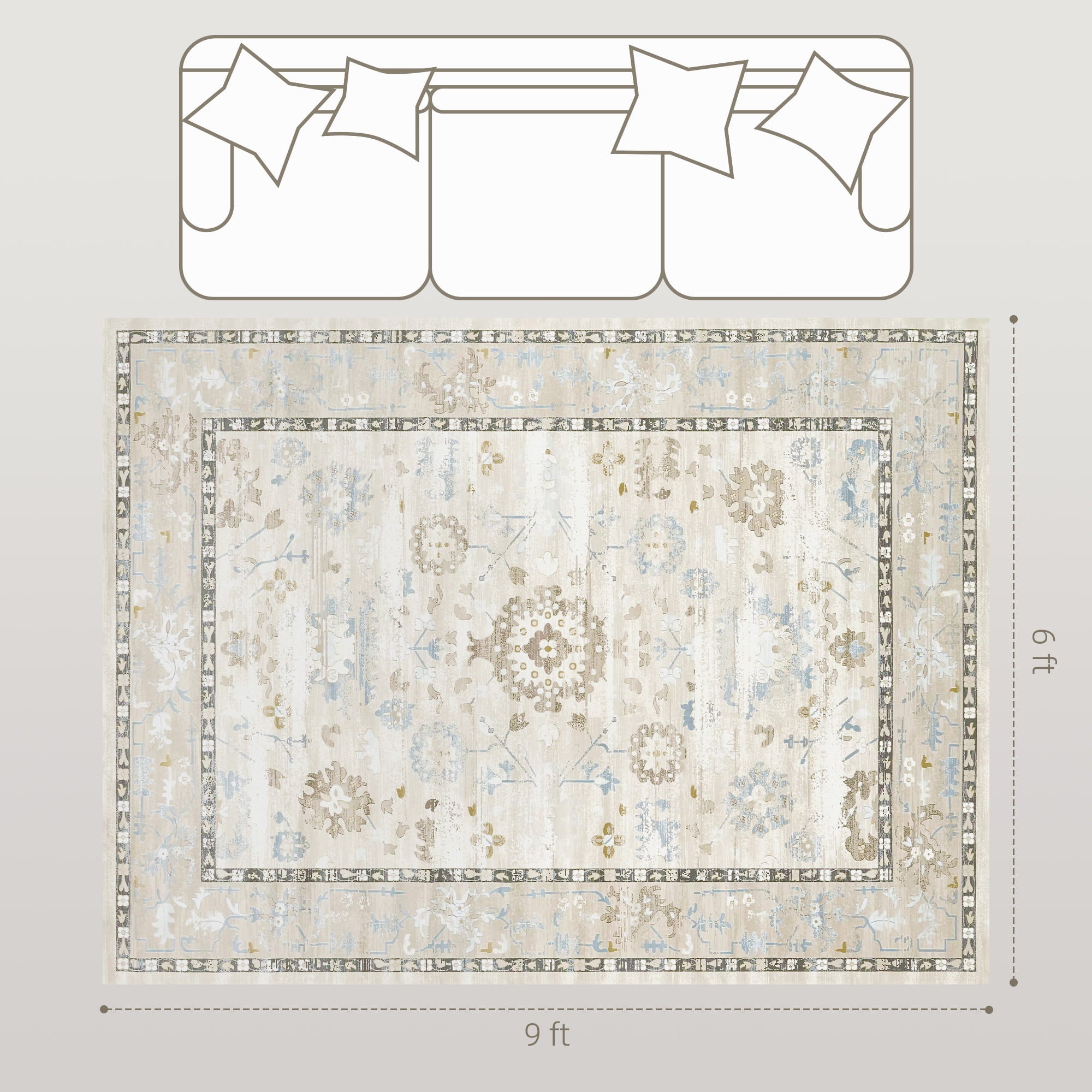 HOMCOM 6x9 Area Rug, Boho Machine Washable Area Rug for High Traffic Areas in Living Room, Bedroom, Dining Room, Kitchen, Blue