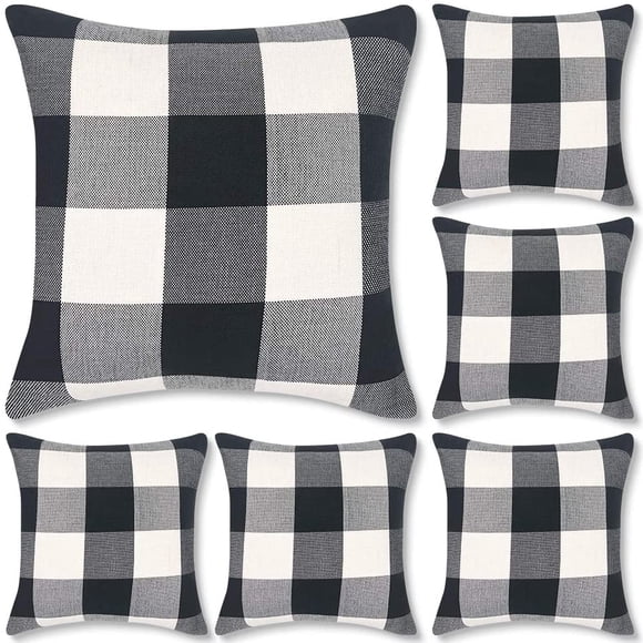 Ensemble de 6 Housses de Coussin à Carreaux Buffalo 18x18, Housses de Coussin Décoratives Carrées Style Ferme pour la Déco de la Maison, Taie de Coussin Noir et Blanc