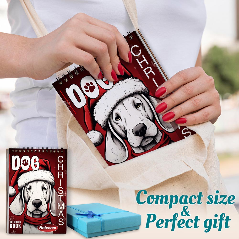 Netecom Christmas Dog Coloring Book Spiral Bound For Adults, A5 Wooden Cover, 30 Fun Coloring Pages of Cute Dogs Enjoying the Christmas Atmosphere for Stress Relief and Relaxation