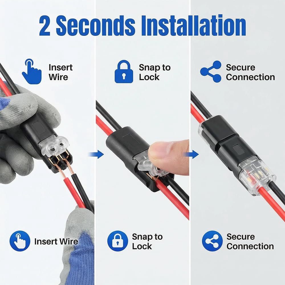 Double Wire Plug in Connector, Quick Connect Wire Connectors Push-in Snap On Electrical Connectors with Locking Buckle for LED Strip Lights DIY Wiring Low Voltage Projects
