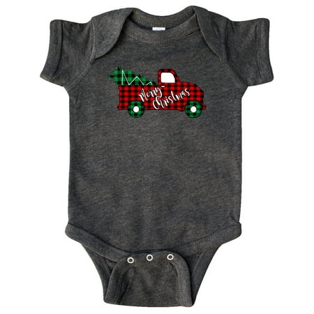 

Inktastic Merry Christmas Red Buffalo Plaid Truck with Tree Gift Baby Boy or Baby Girl Bodysuit