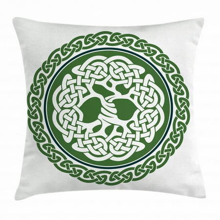 Celtic Throw Pillow Cushion Cover, Illustration of Celtic Tree of Life on a Green Circle with Frieze, Decorative Square Accent Pillow Case, 24 X 24 Inches, White Dark Teal Fern Green, by Ambesonne
