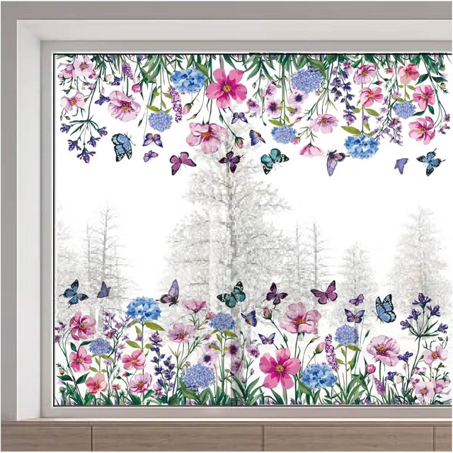 Adhesivos para ventana de 15 x 46 con diseño de flores, mariposas grandes de primavera, hortensias, hierba, adhesivos para ventana de vidrio, reutilizables, de PVC de doble cara, estáticos, para