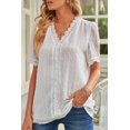 thumbnail image 1 of Women's White Lace Splicing V-Neck Swiss Dot Short Sleeve Top, 1 of 32