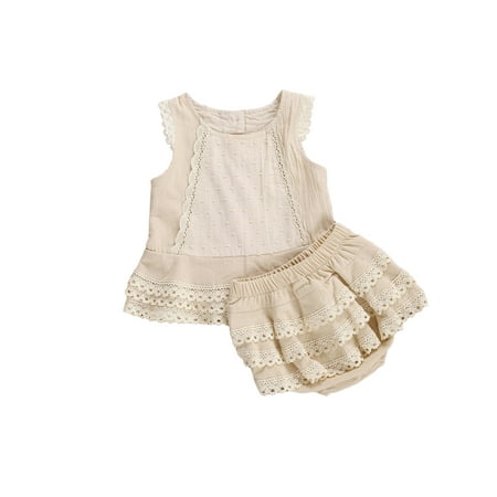 

ZIYIXIN Summer Kids Girls Clothes Sets Lace T-shirt Vest Tops Layered Shorts Bloomers 2PCS Princess Outfits Apricot 18-24 Months