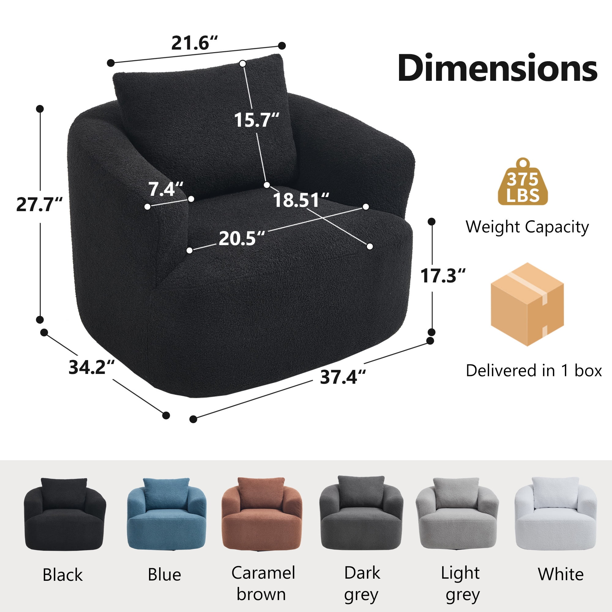 Swivel Accent Chair,360° Round Upholstered Armchair with One Soft Pillow,Teddy Fleece High-Resilience Sponge Single Sofa for Living Room, Bedroom, Apartment,No Assembly,Black