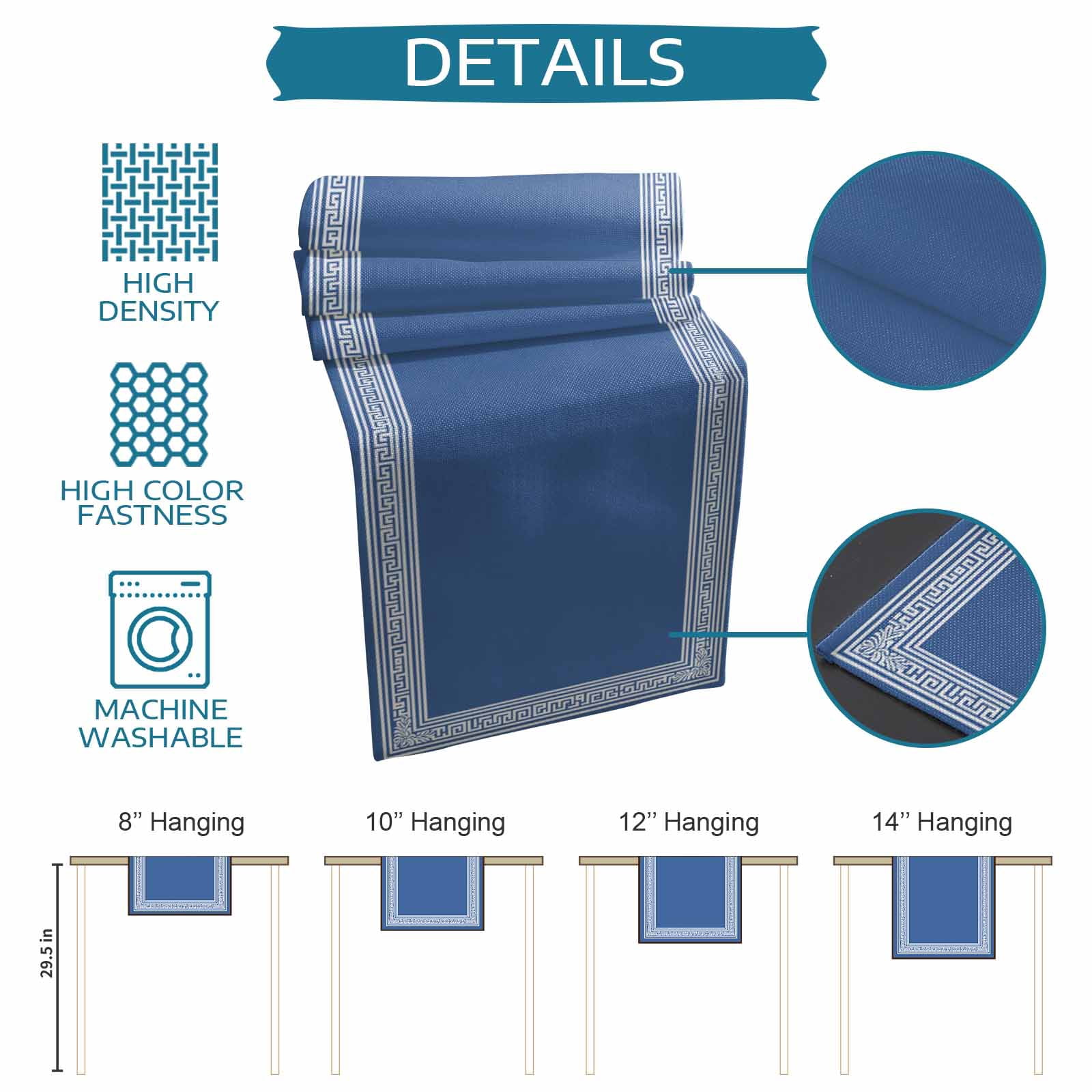 Table Runner 120 Inches Long for Kitchen Dining, Blue Geometric Dresser Scarf Farmhouse, Dining Table Decorations for Wedding/Parties, White Greek Key Design Abstract Modern Art 13 x 120 In