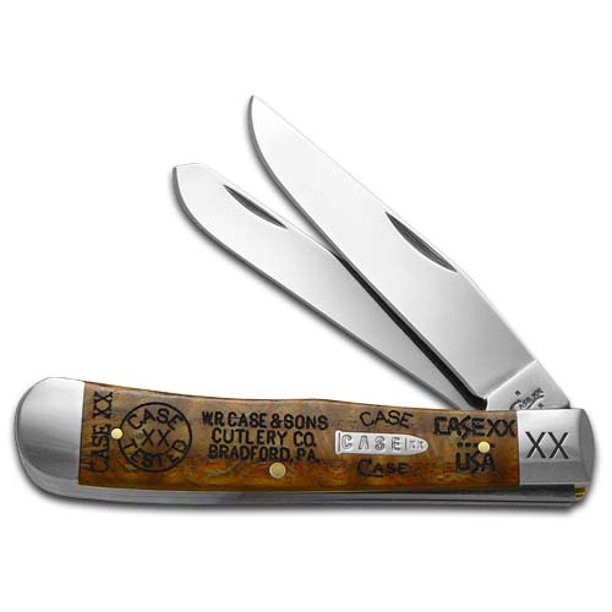 Case xx Tang Stamps Curly Oak Wood Trapper 1/250 Stainless Pocket Knife