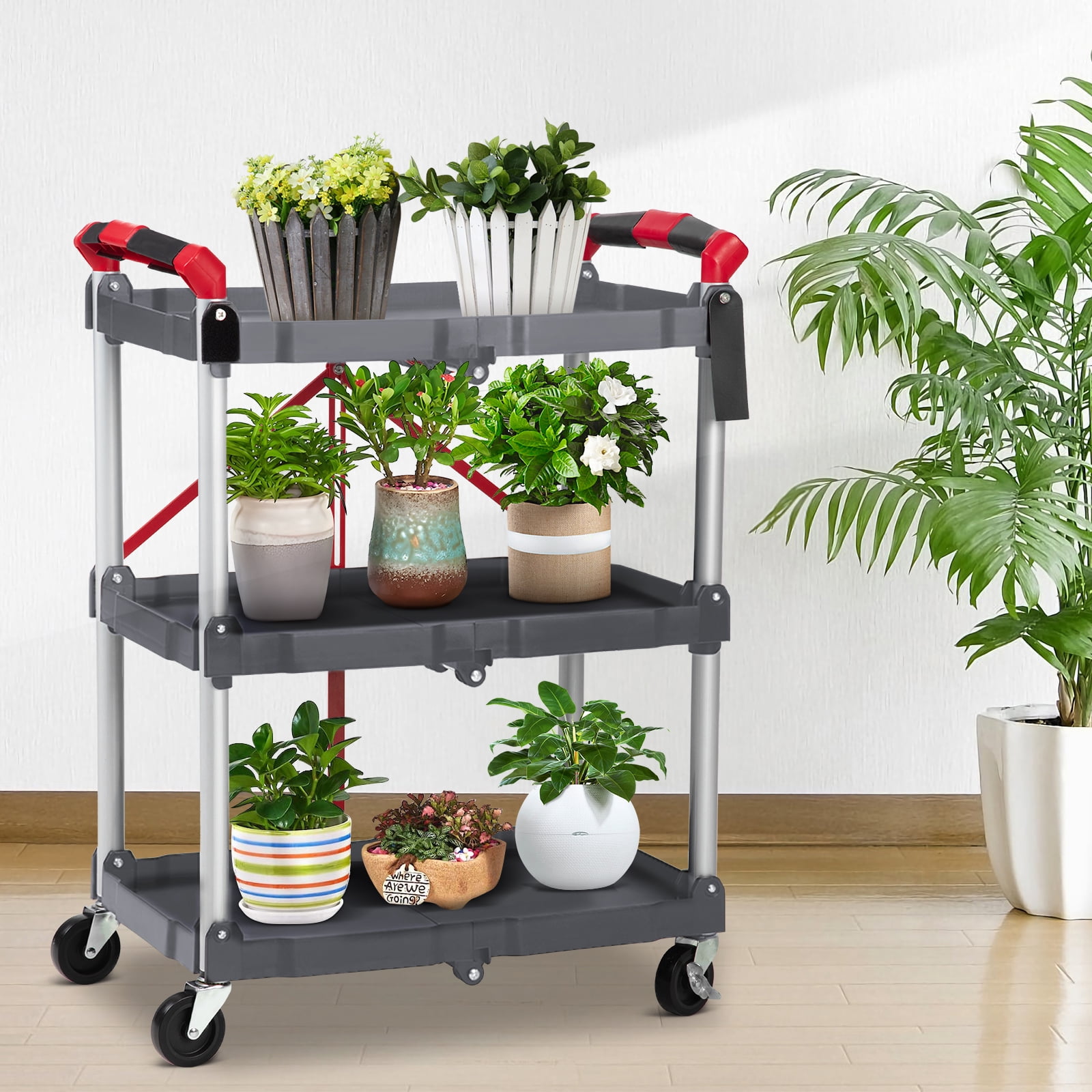 M optimized Folding Utility Service Cart, Collapsible Cart with Wheels, 3 Tier Rolling Utility Cart, Folding Cart with Wheels Collapsible, Service Cart for Tool, Grocery, Kitchen, Office